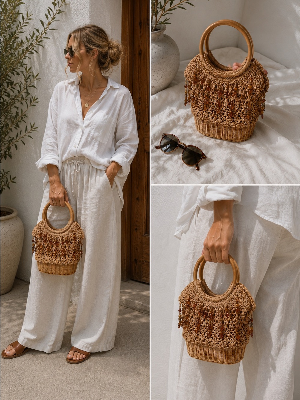 Capelli of New York Tan Woven Macramé Mini Bag with Wooden Handles